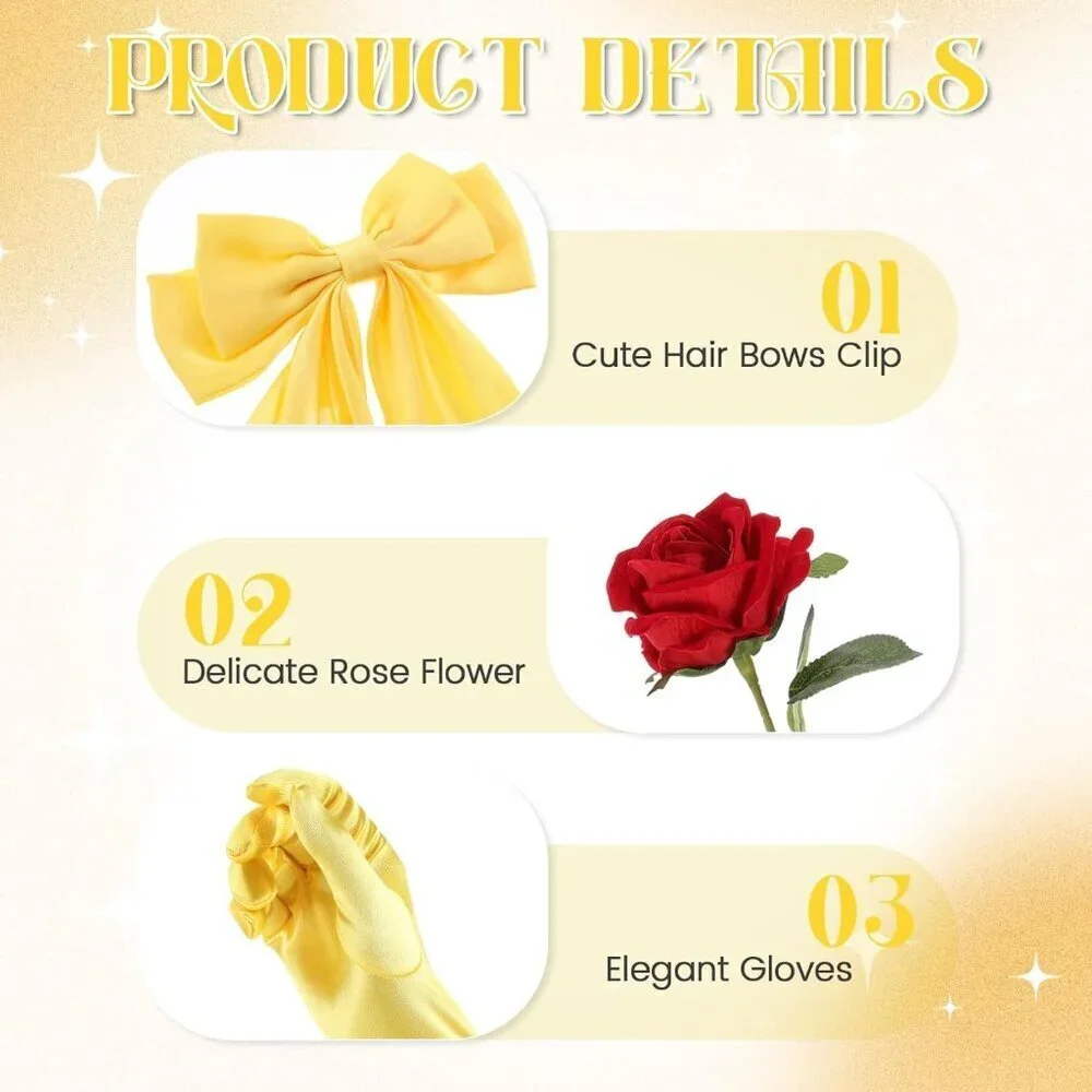 Princess Costume Accessories Set with Yellow Bow Hairband Gloves Rose for Dress
